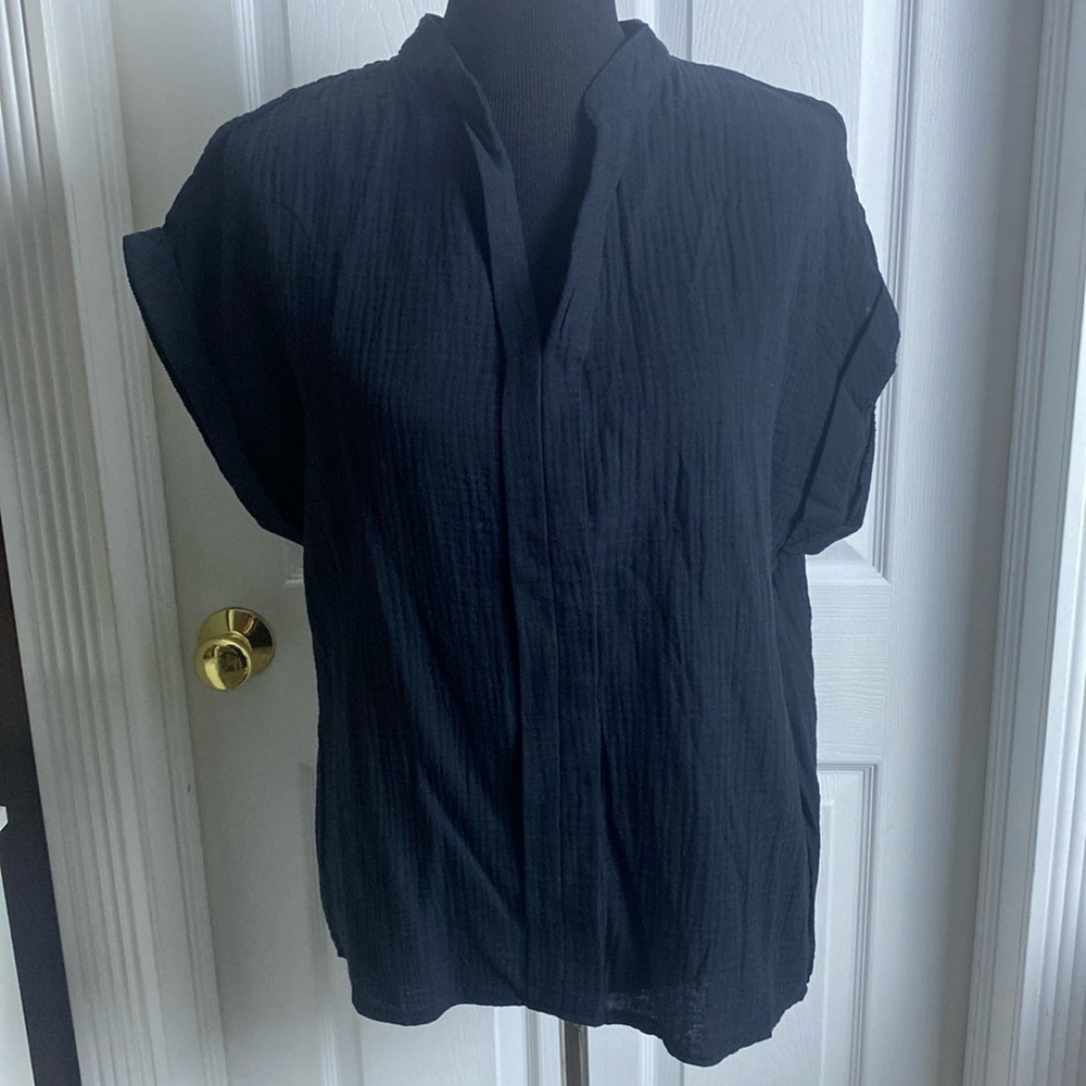 SHEIN Black Gauze Cotton V-Neck Short Sleeve Shirt sz XL NWOT